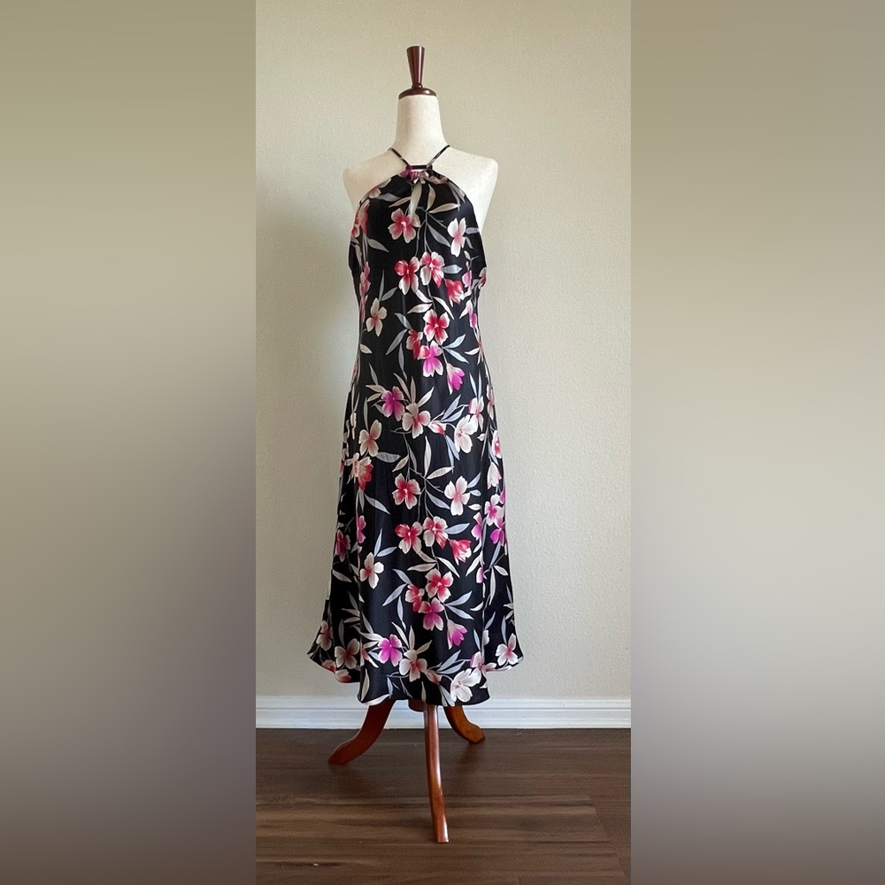 Gorgeous Planet Floral Silk Halterneck Dress Black and Pink 100% Silk - Picture 7 of 9